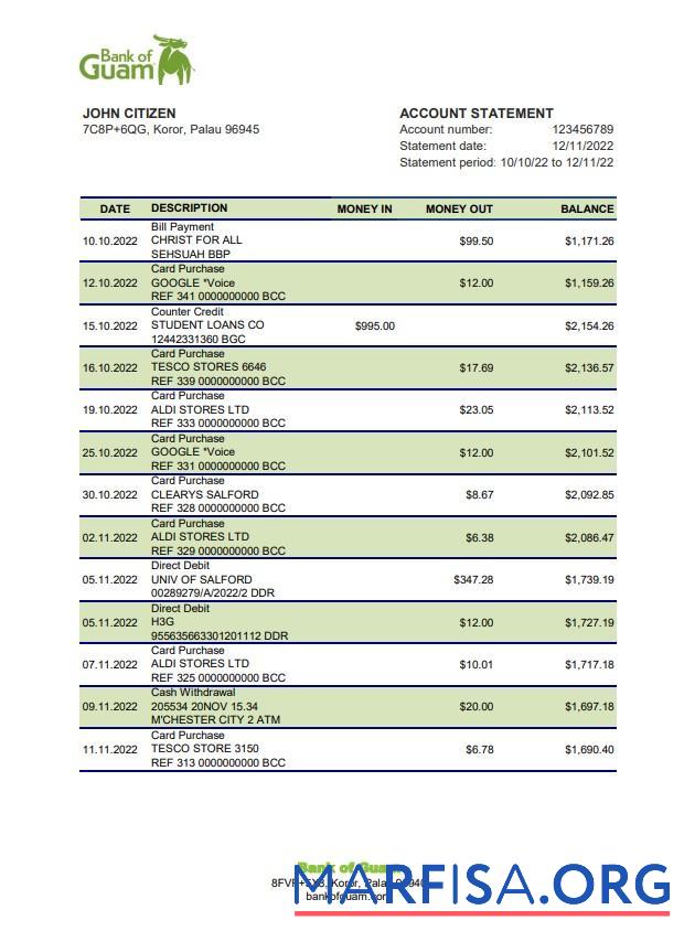 Realistic Palau Bank of Guam bank statement excel example